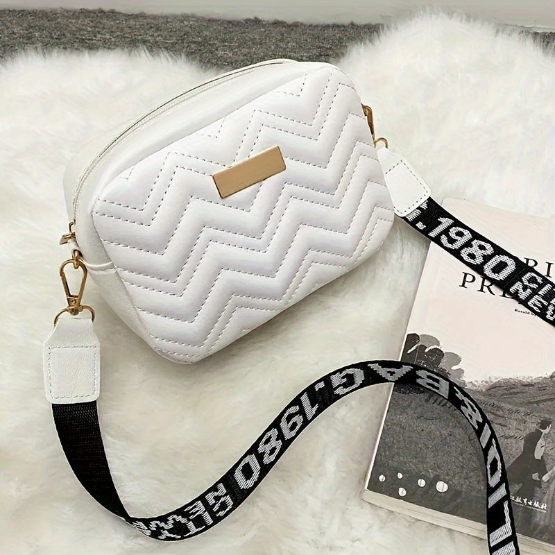Women's Crossbody Bag Faux Leather Stain-Resistant Zippered Camera Style in Black White Khaki