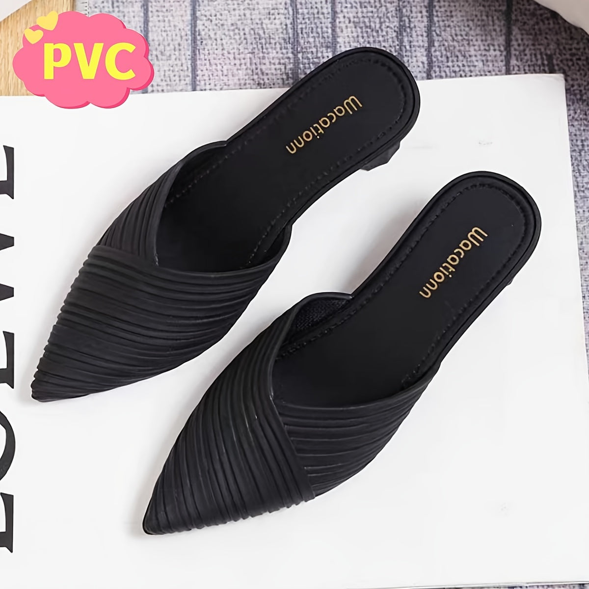 Women's Striped PVC Slides with Pointed Toe and Mid Heel