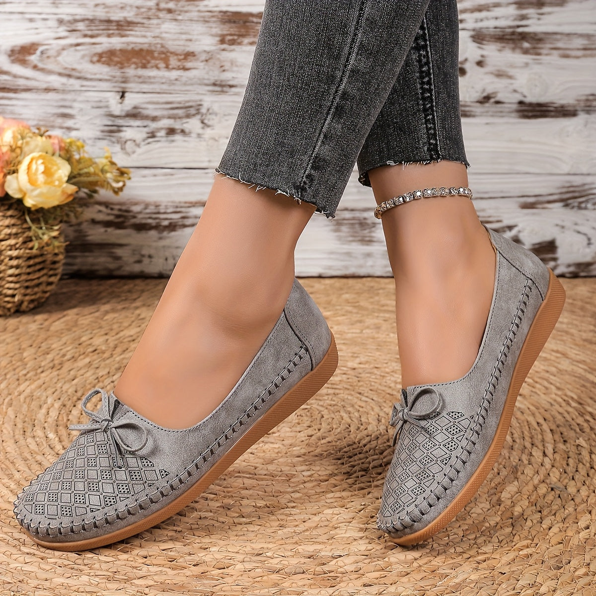 Women's Casual Slip-On Flat Shoes with Bow Pink Geometric Pattern