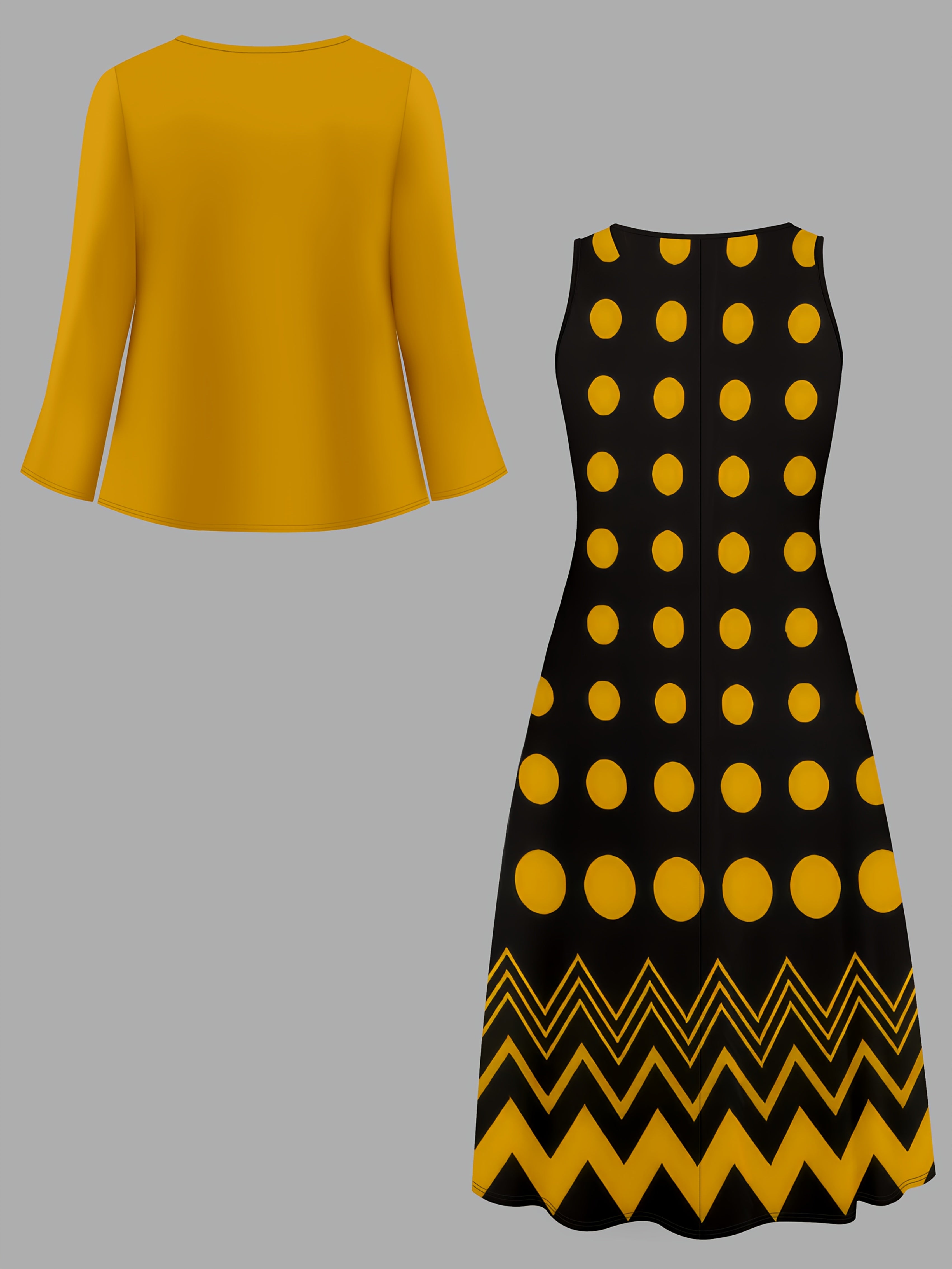 Plus-Size Women's Dress Set Solid Color Coat and Polka Dot Midi Dress Stretchy Machine Washable