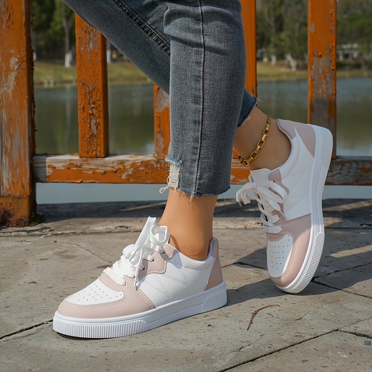 Women's Lightweight Skate Sneakers White Pink Synthetic Upper Breathable Fabric Rubber Sole
