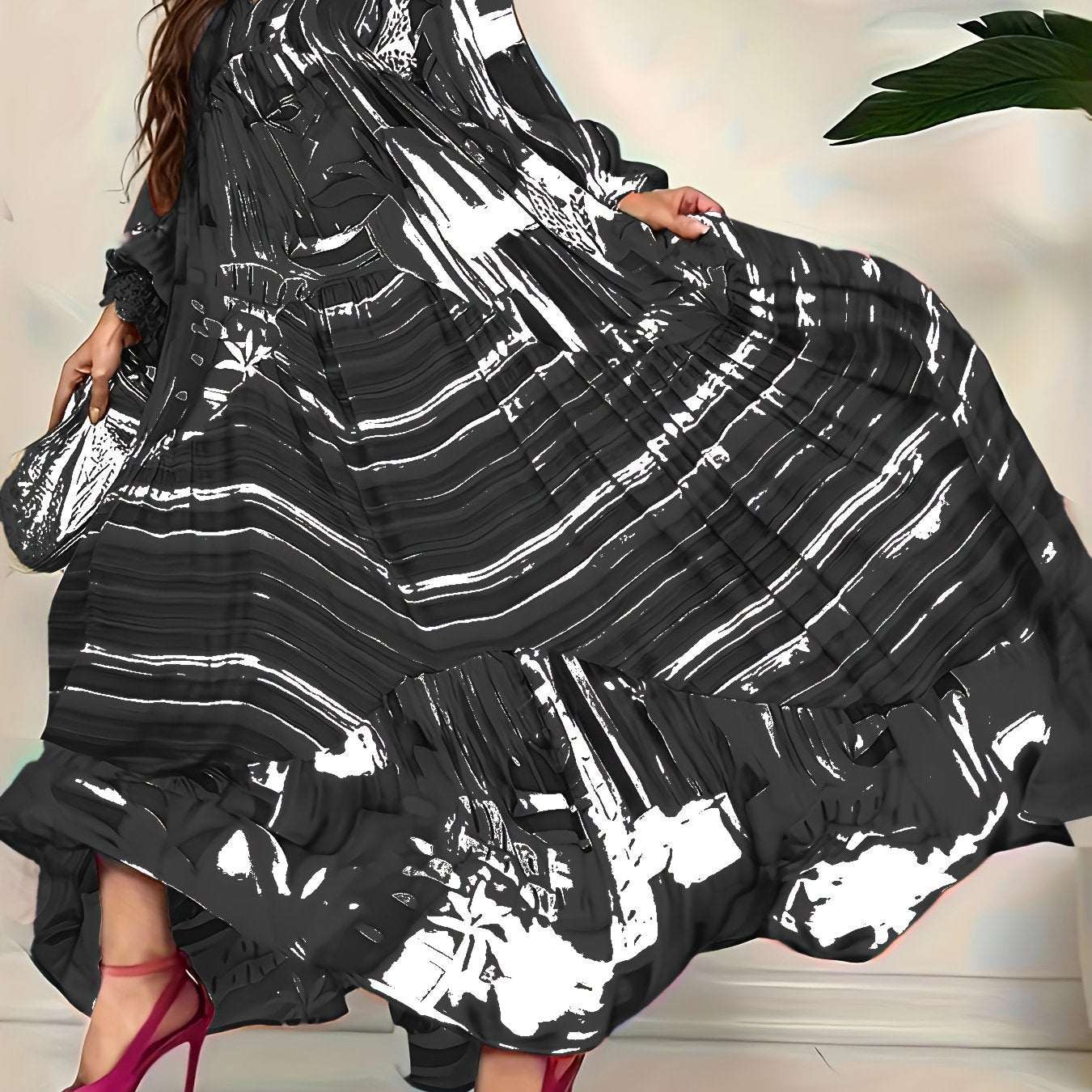 Women's Maxi Dress V-Neck Striped Black and White Polyester All-Season Party Wear