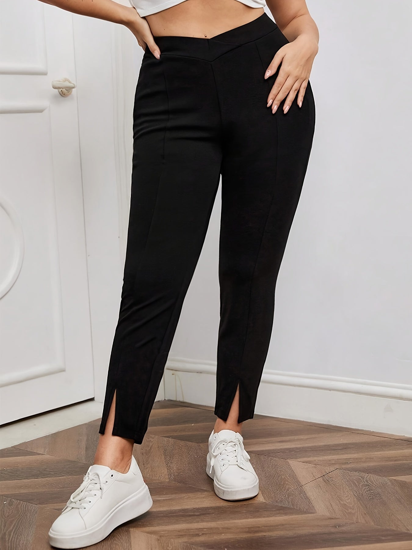Pantalones ajustados de talla grande con dobladillo dividido en sólido para mujer, de cintura alta, casual, primavera y verano