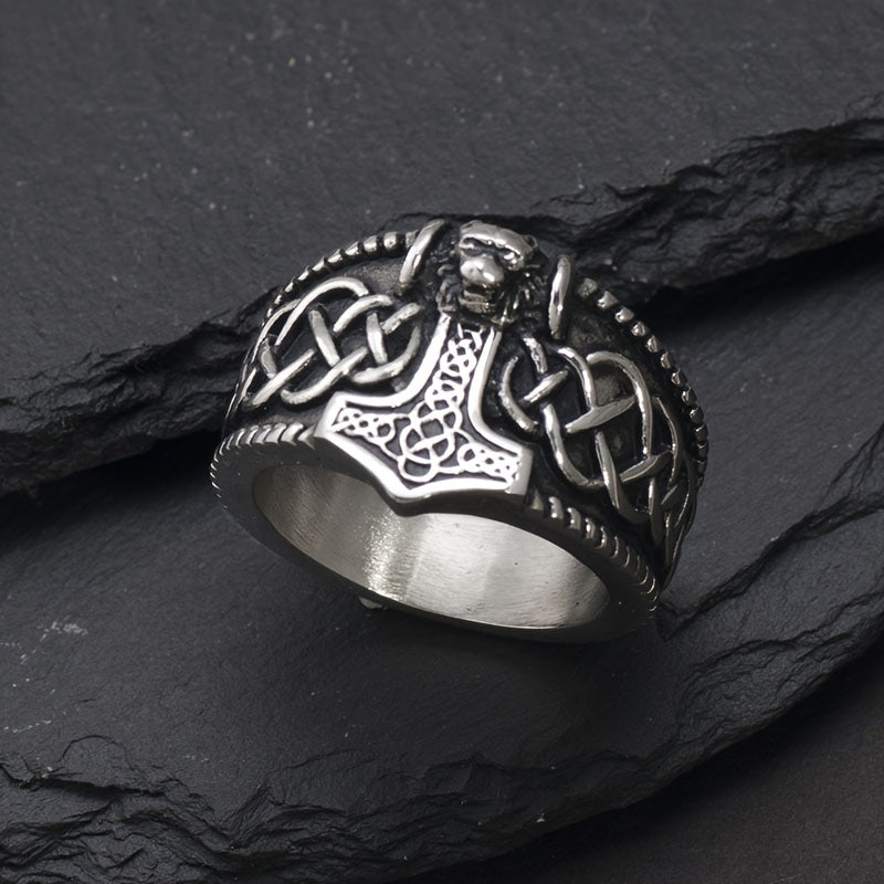 Men's Vintage Lion Head Thor's Hammer Ring Stainless Steel Amulet Jewelry