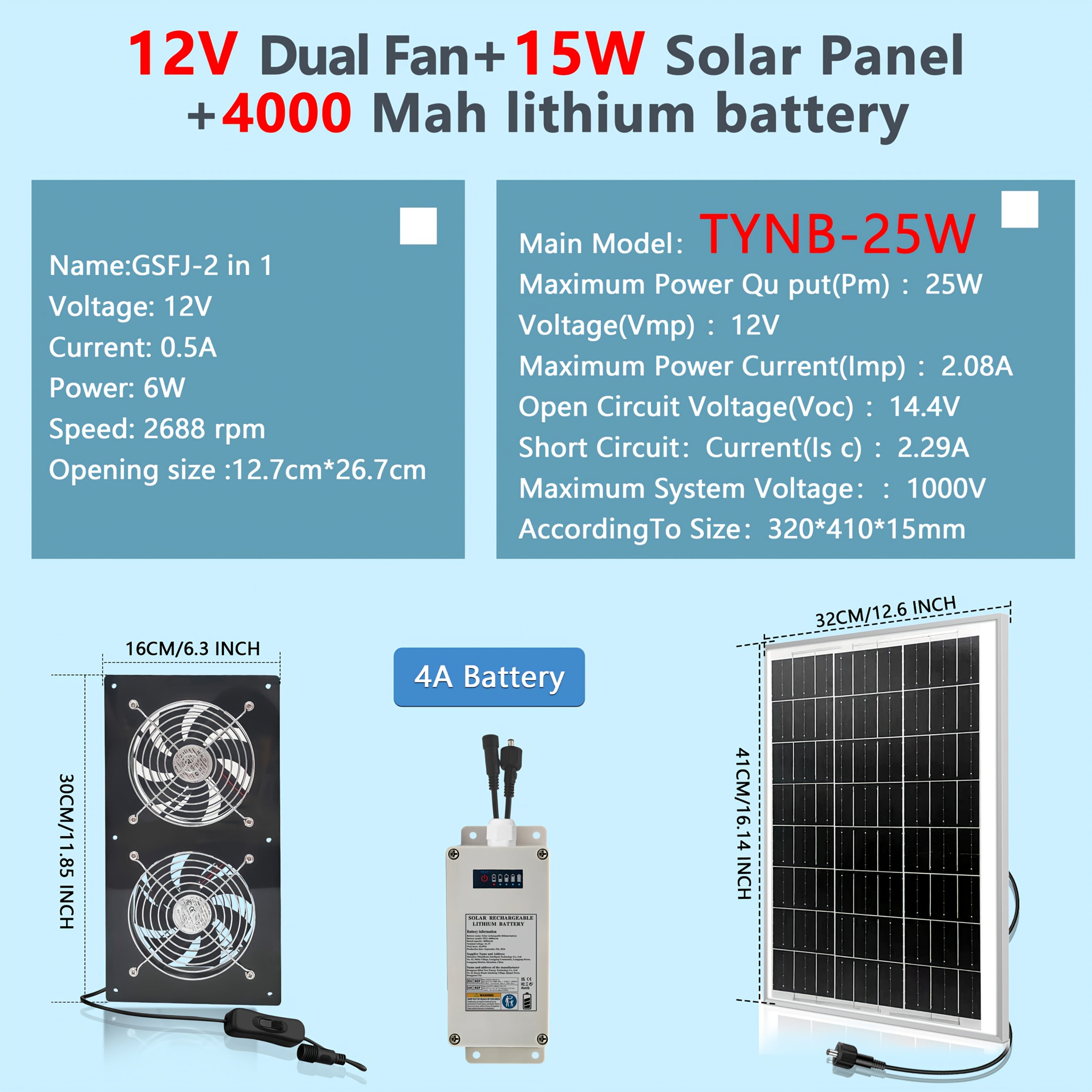 Quyosh energiyali chiqarish ventilyatori 25W, 4000mAh batareyali, ichki va tashqi sovutish uchun