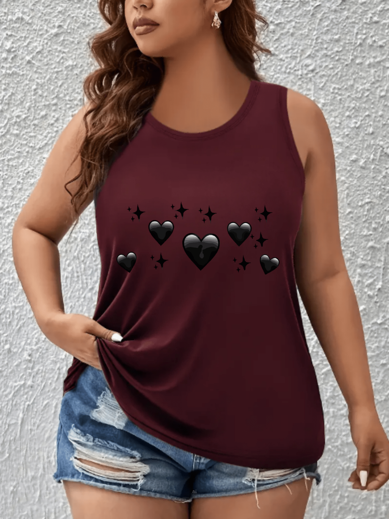 Women's Off-Shoulder Vest Top Breathable Black Heart Star Print Sleeveless Shirt