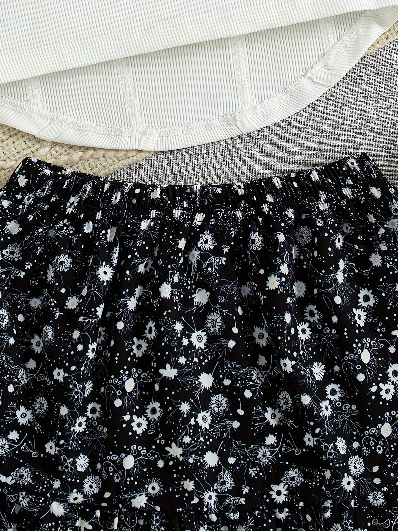 Girls Summer Casual 2-Piece Set Sleeveless Knit Top Ditsy Floral Skirt Polyester Elastane