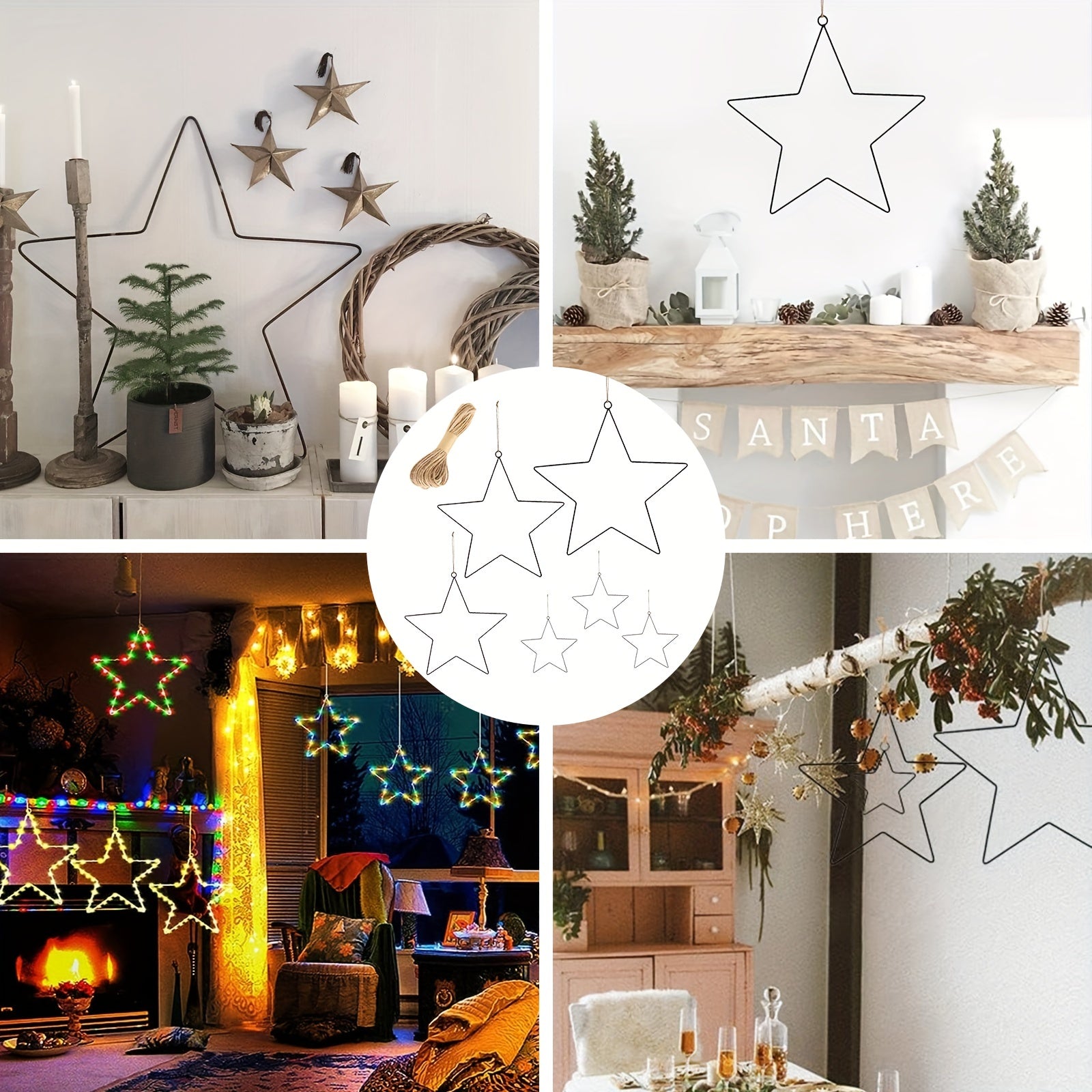 Set of 6 Black Metal Star Ornaments with Jute Rope for Christmas and Wedding Decor