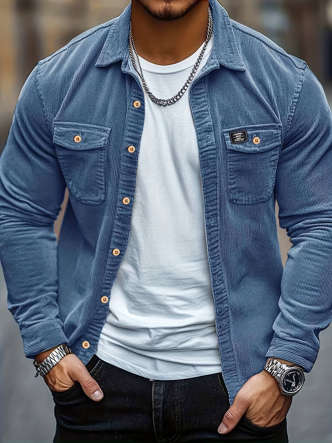 Men's Corduroy Shirt Solid Color Lapel Collar Casual Regular Fit Spring Fall