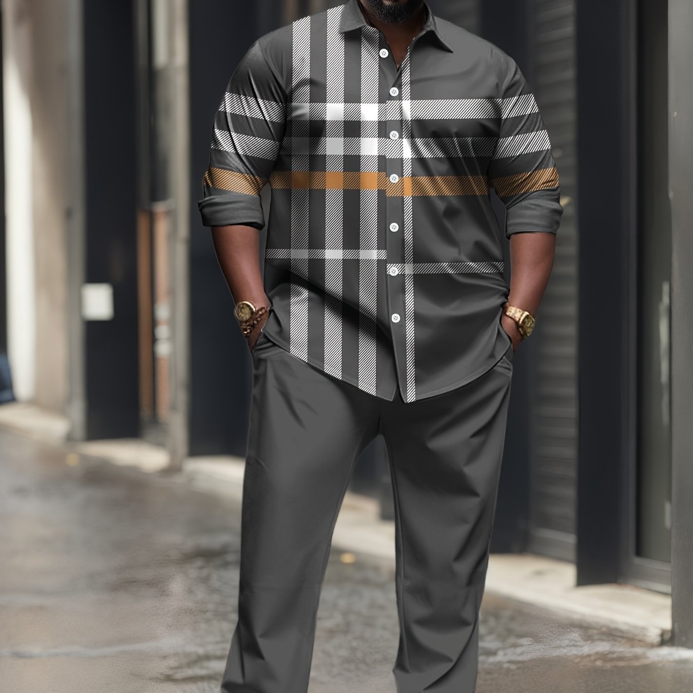 Plus Size Men's Knit Shirt Set Stripes Polyester Casual with Pocket