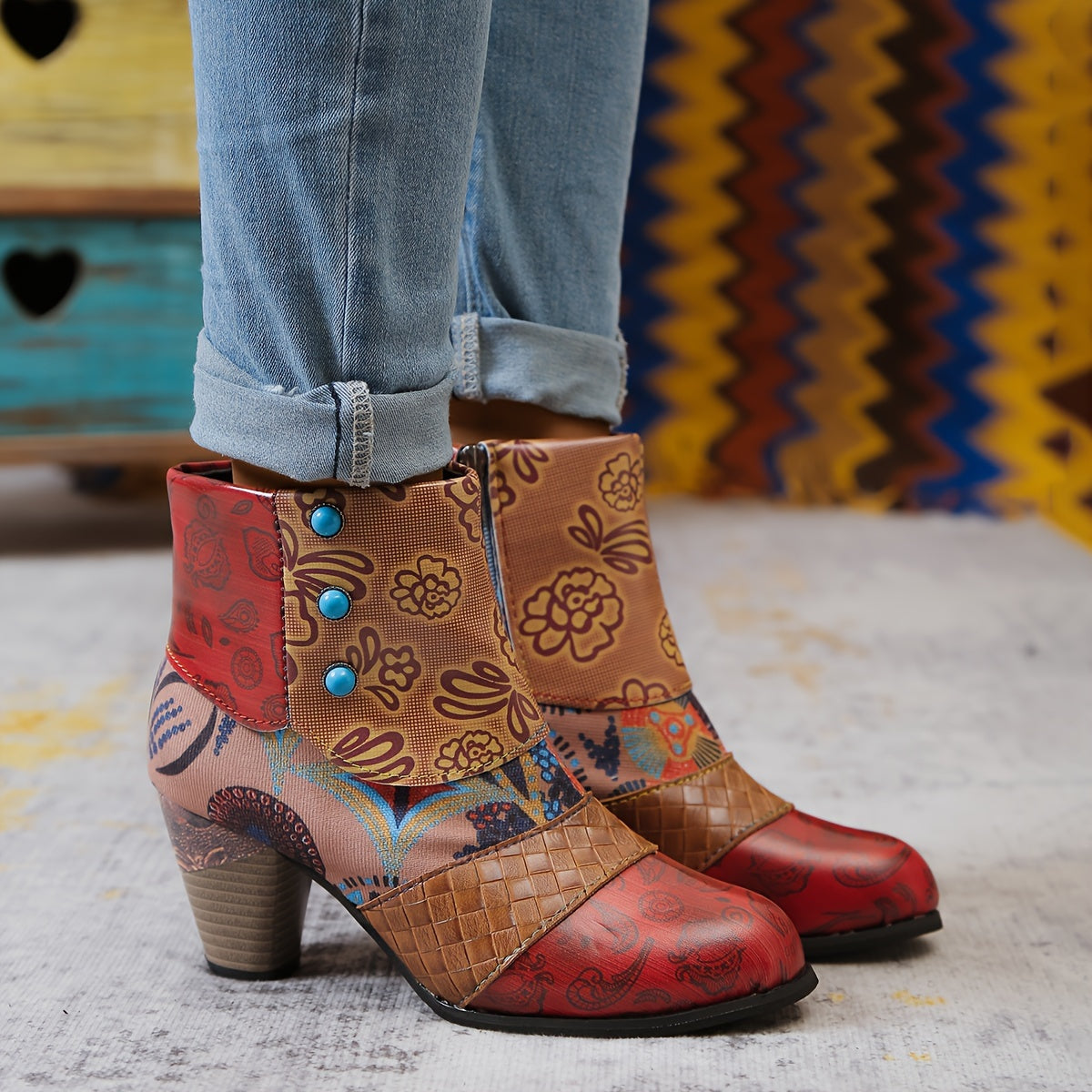 Women Bohemian Ankle Boots Fabric Insole Block Heel with Floral Patterns
