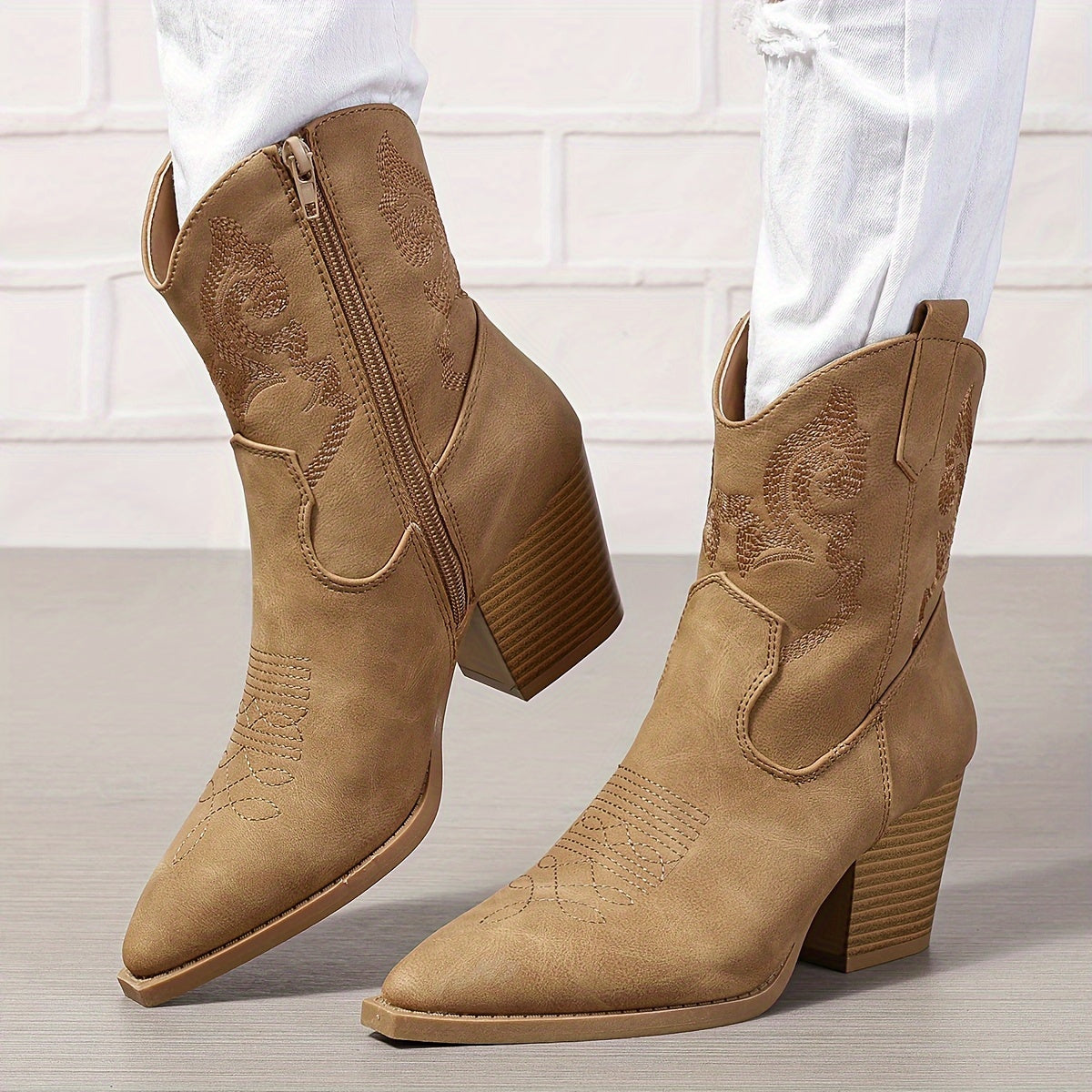 Женские ботинки на каблуке из искусственной кожи с цветочной вышивкой и молнией, черные