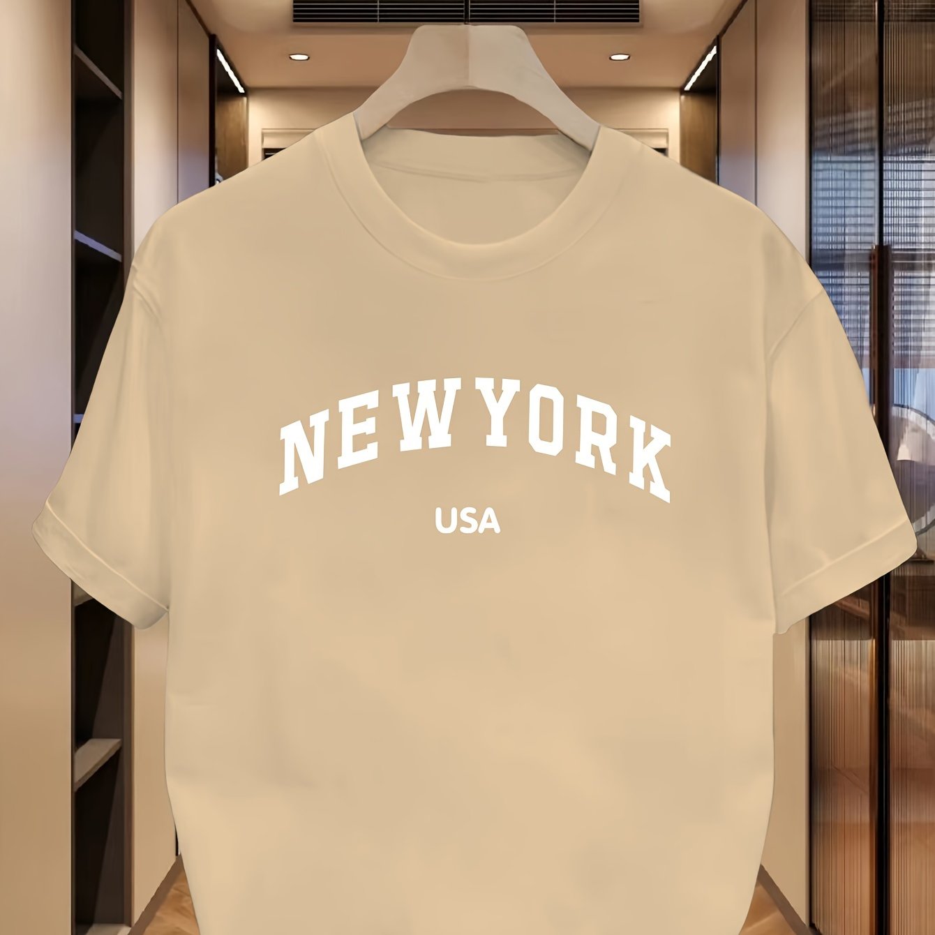 Camiseta de manga corta casual de verano para hombre con estampado de Nueva York, EE. UU., poliéster, elastano, ligero estiramiento, corte regular