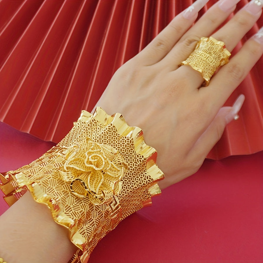 Zarif 24K oltin qoplangan mis bilaguzuk va uzuk to'plami - Maxsus tadbirlar va voqealar uchun ideal, yilning istalgan vaqtida foydalanish uchun mos