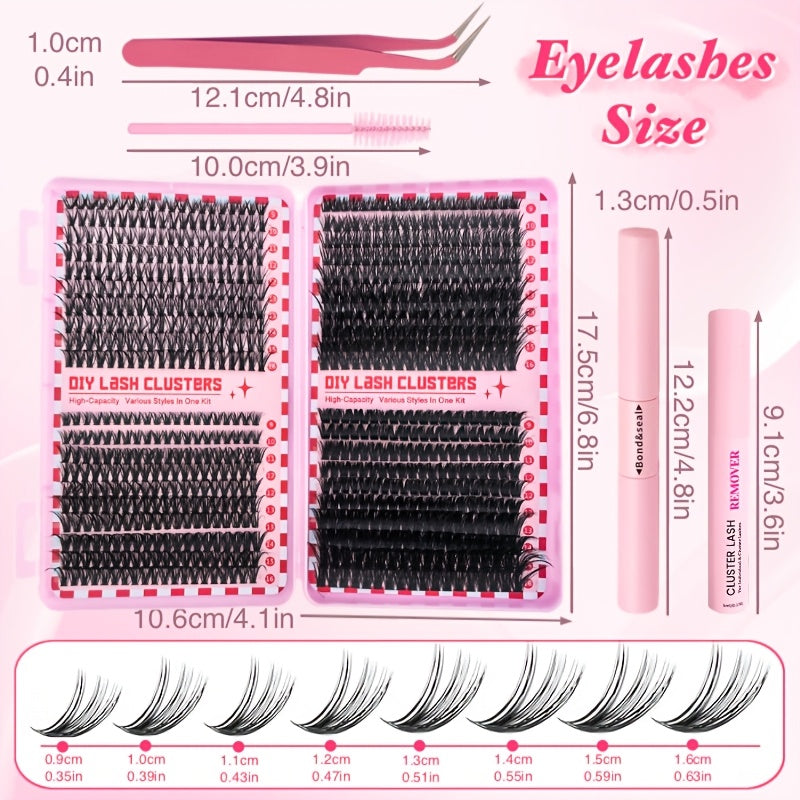 DIY Eyelash Extension Kit with 800 D-Curl Doll Cross Cluster Lashes 9-16mm with Tools