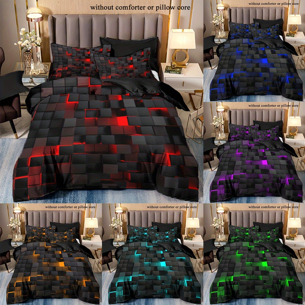 Duvet Cover Set with Grid Print in Red Orange Blue 2 or 3 Pieces Bedding for Bedroom