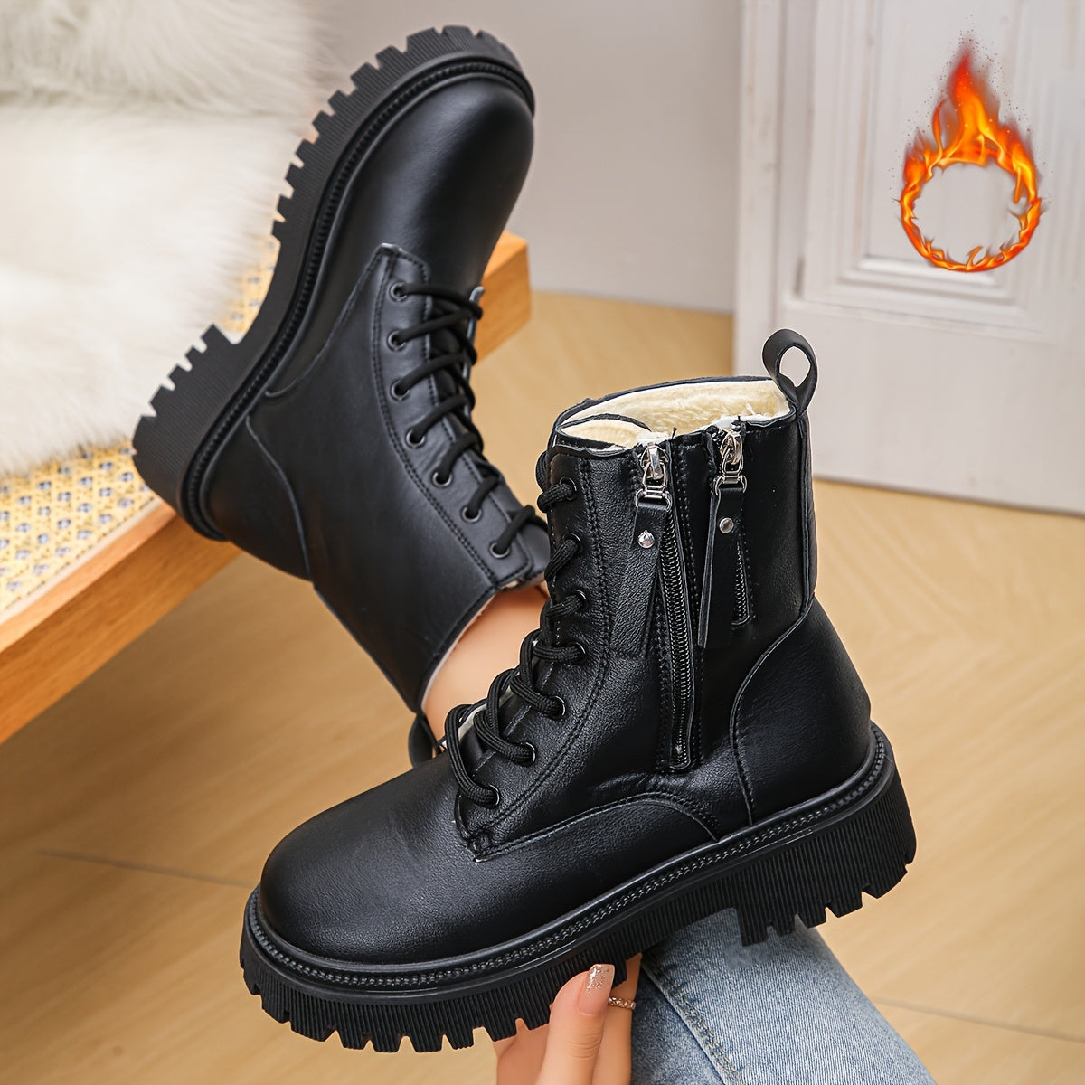 Women's Winter Boots Black White Side Zipper Ankle Slip-On Platform