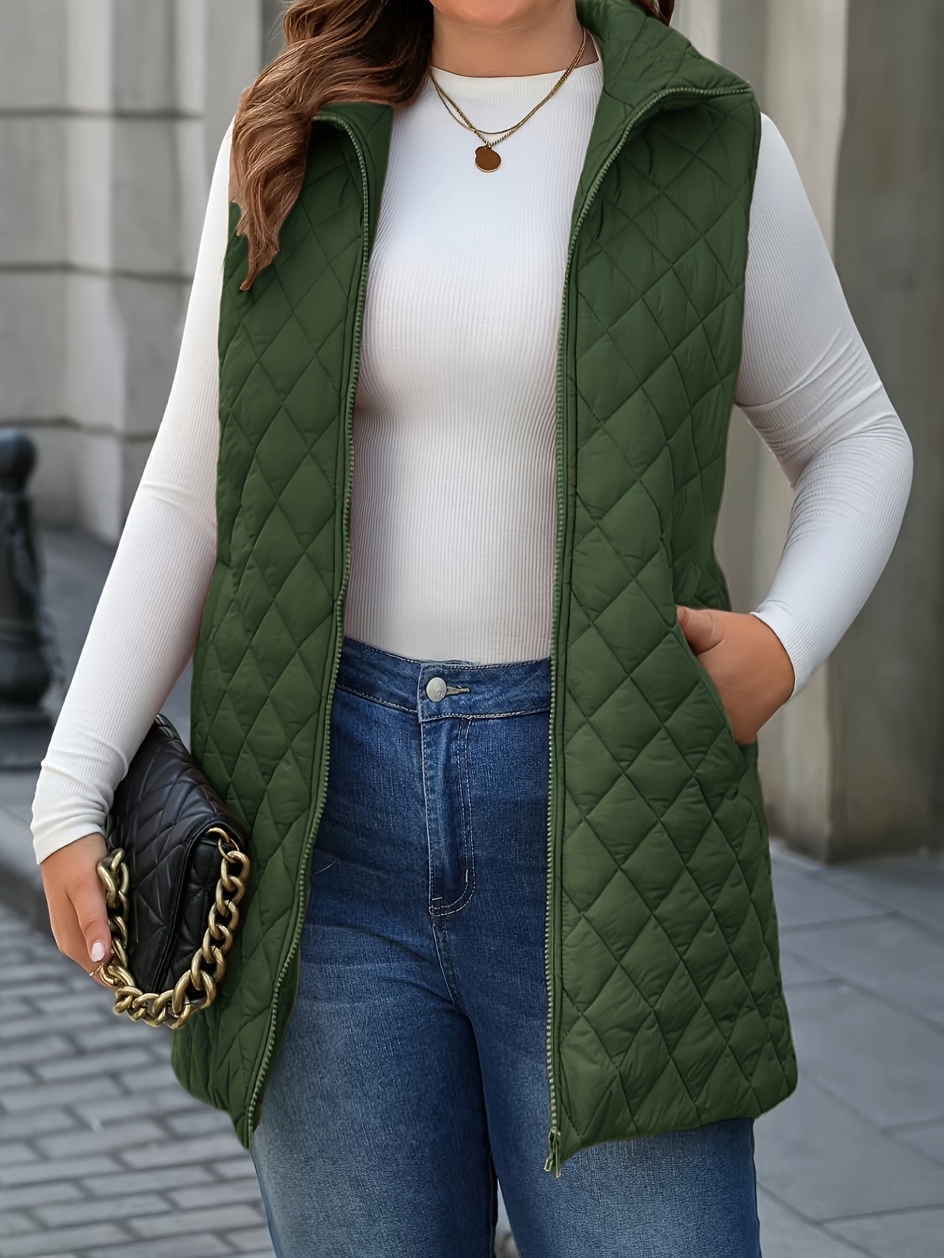 Plus-Size Quilted Vest with Stand Collar and Mid-Length Zip for Winter
