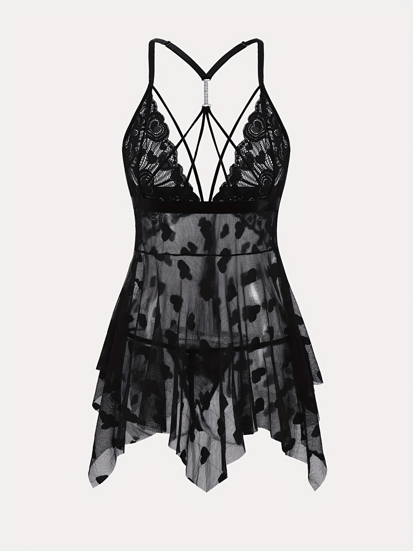 Plus Size Women's Mesh Nightgown with Lace Trim Black Strapless Sleepwear