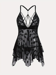 Плюс сайз женская ночная рубашка из сетки с кружевной отделкой, черная, без бретелек, пижама