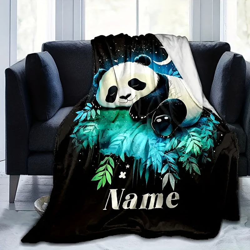 Personalized Cozy Panda Print Flannel Blanket Hypoallergenic Machine Washable Multipurpose