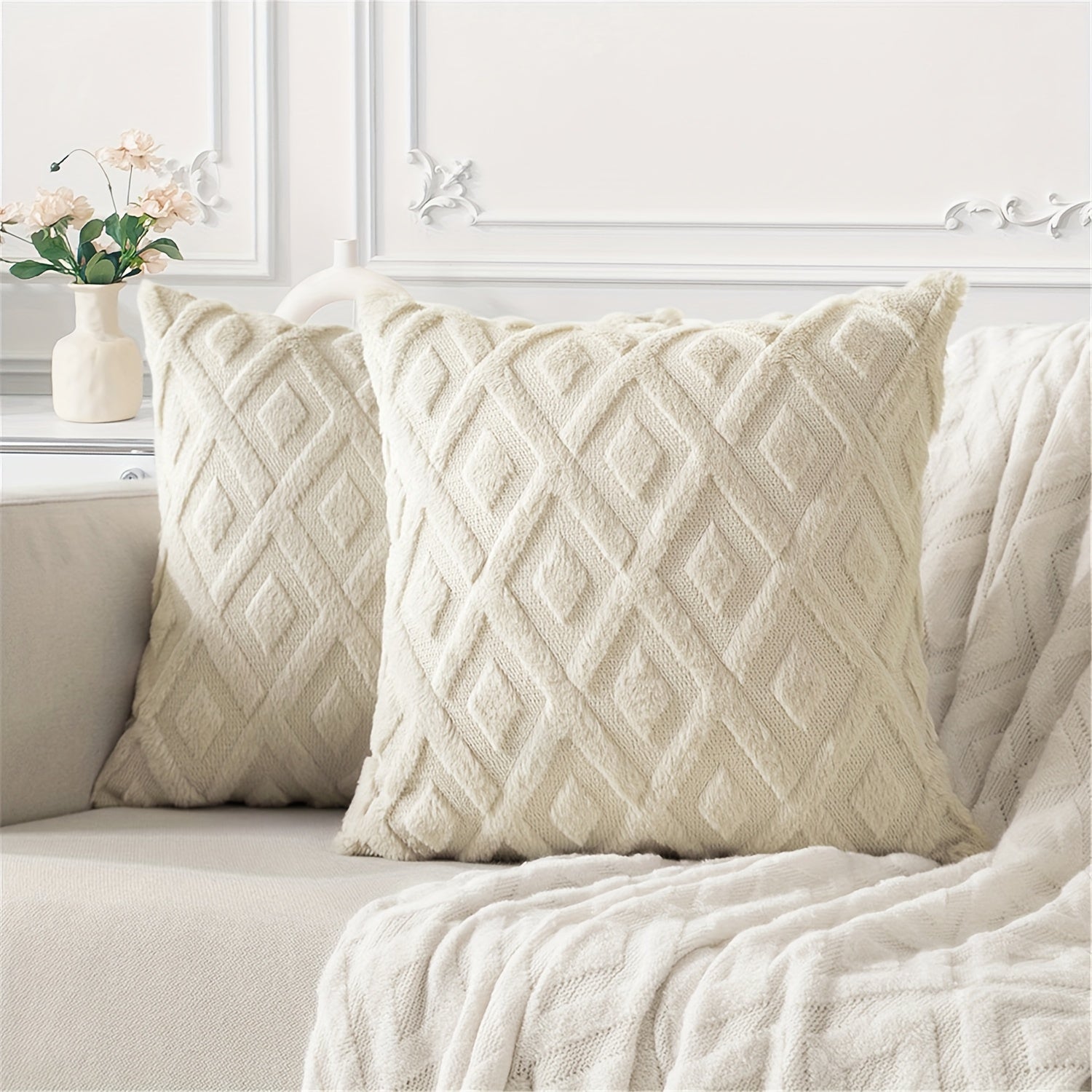 Beige Faux Wool Throw Pillow Covers 18x18 Inches for Couch Sofa Decor