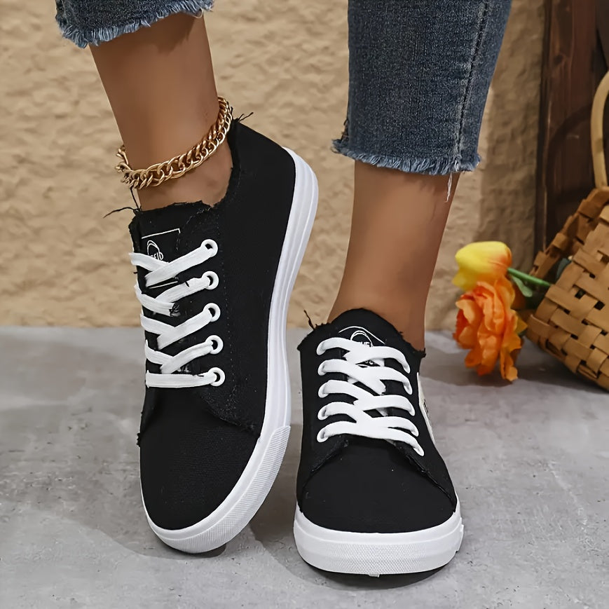 Women's Flat Casual Shoes, Plain Color Low-Top Lace-up Trainers