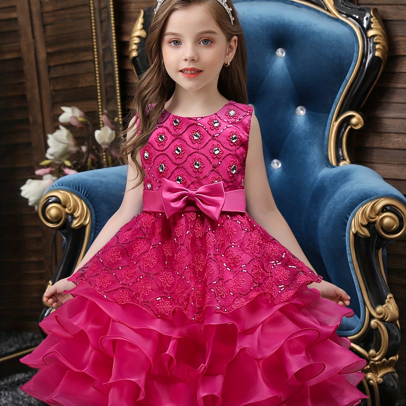 Girls Sleeveless Sequin Flower Princess Dress for Party Wedding Birthday