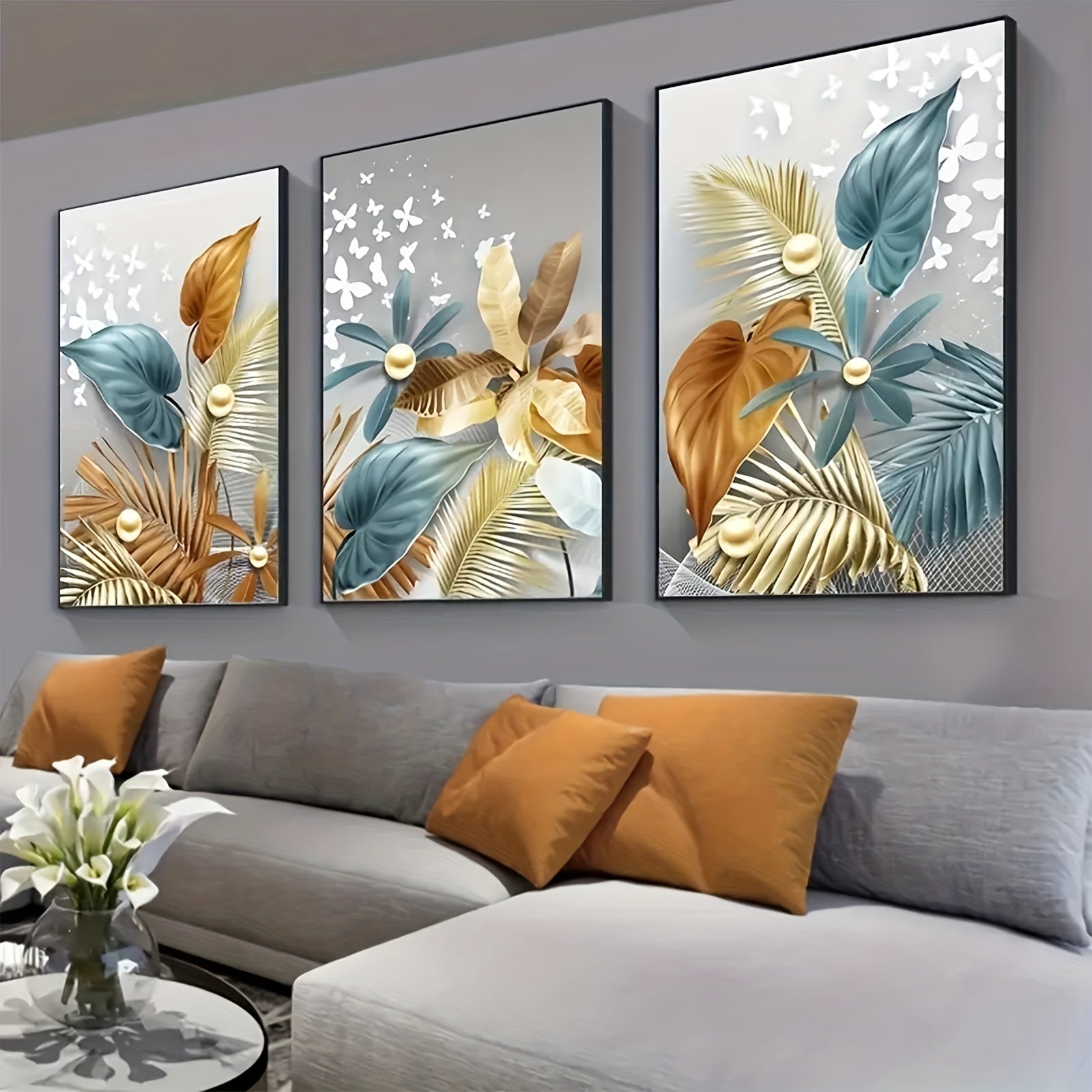 Frameless Canvas Wall Art Set of 3 Golden Butterfly Leaves Portrait 12x16 Inches