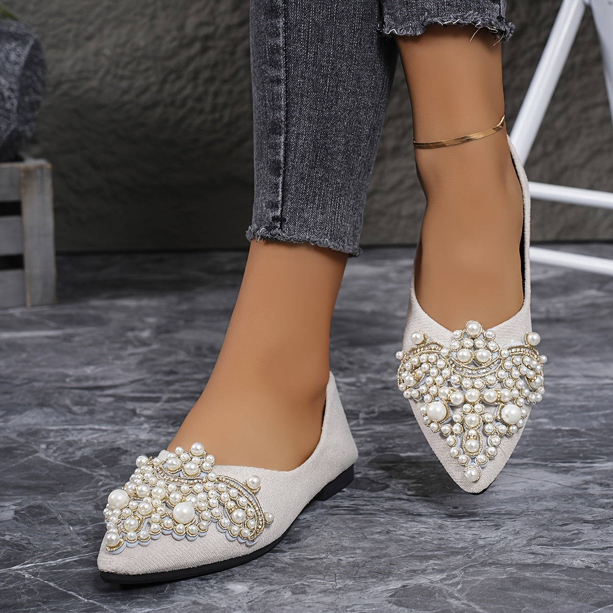 Women's Slip-On Flats with Faux Pearl and Rhinestone Embellishments Lightweight Pointed Toe Shoes for All Seasons