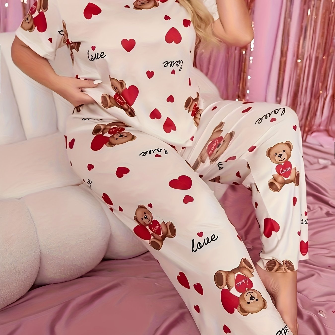 Women's Pajamas Large Size Cartoon Love Bear Sleepwear Set