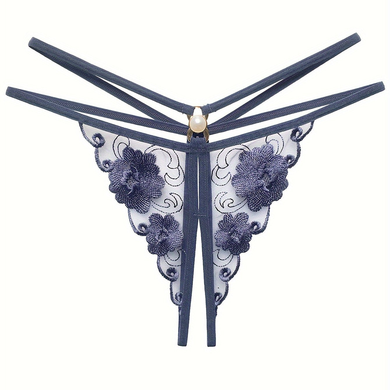 Women's Thong Lingerie with Embroidered Floral Design Made of Polyester Mesh