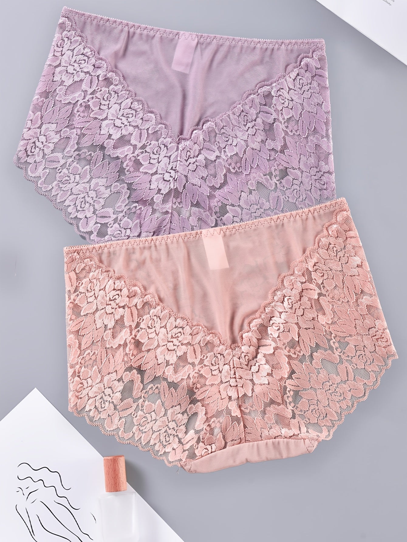 Panties de encaje talla grande para mujer 2-pack con patrón floral transpirable de estiramiento medio