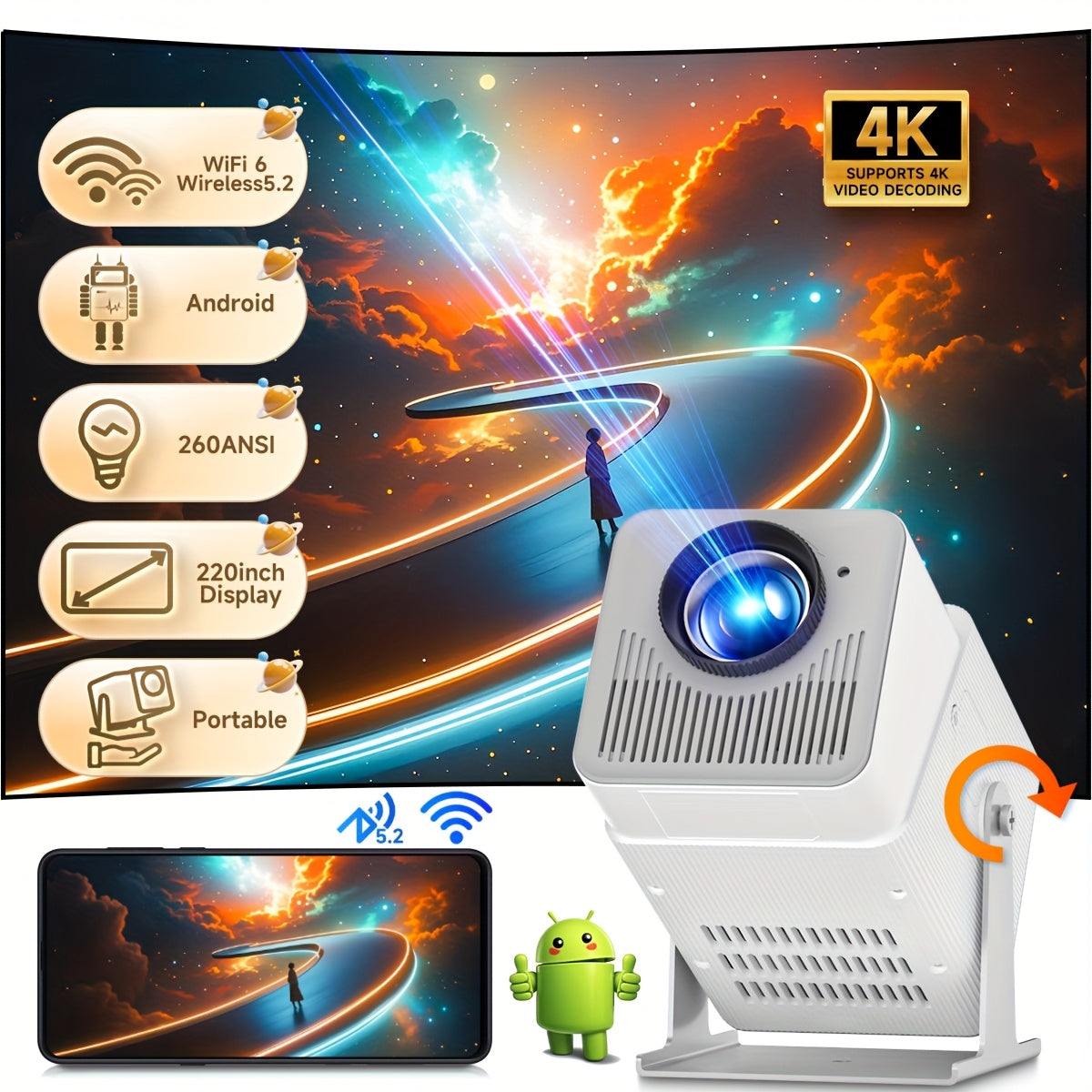Mini Portable 4K Wi-Fi Projector with 260ANSI Brightness, 180° Rotation