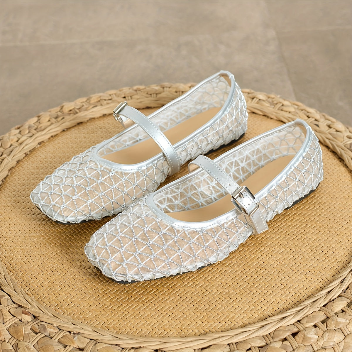 Women's Breathable Mesh Mary Jane Flats Summer Ballet Shoes with Square Toe