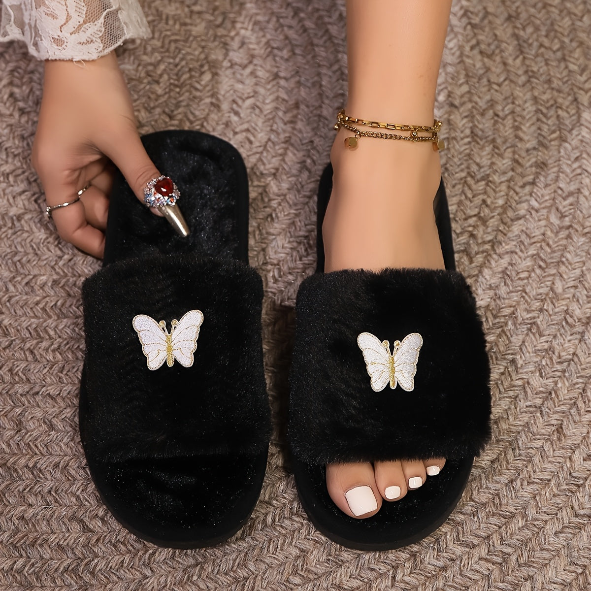 Women's Plush Butterfly Embroidery Slippers Open-Toe Non-Slip EVA Sole