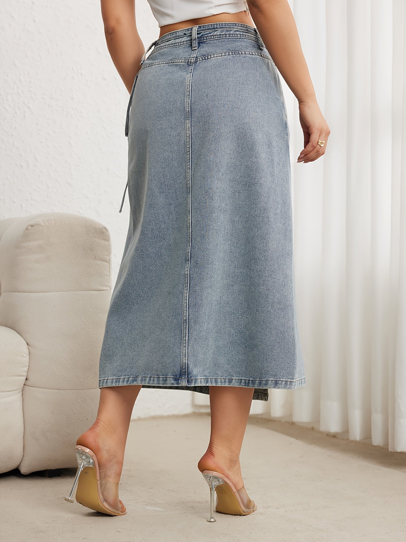 Women's High Waist Denim Skirt Midi Asymmetrical Drawstring Front Split Solid Color Regular Fit