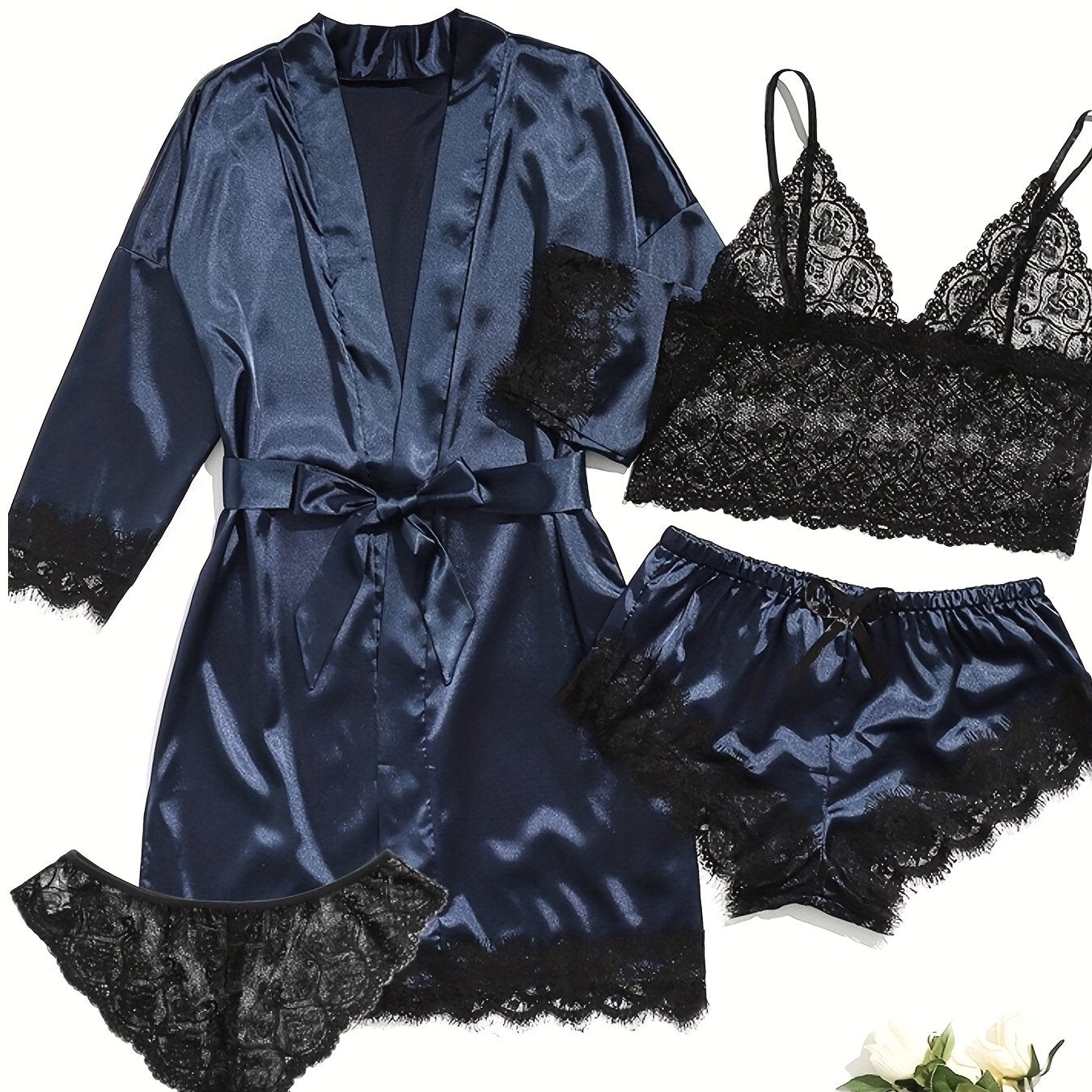 Women's Satin Pajama Set with Lace Detail 5-Piece Sleepwear with Belt in Multiple Colors