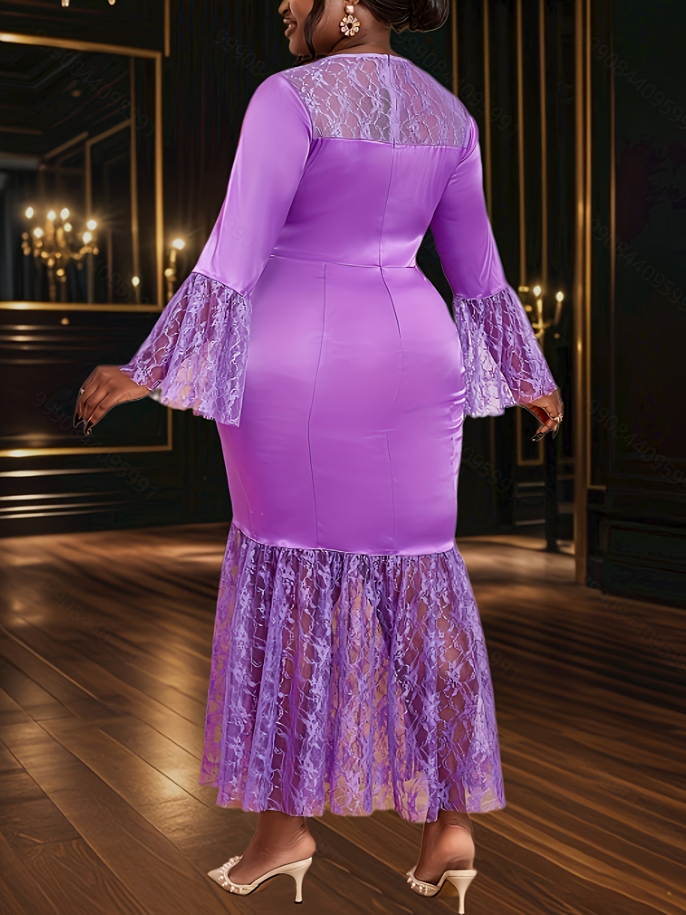 Women's Satin Lace Mermaid Evening Gown with Flared Sleeves and Round Neck