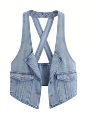 Chaleco de mezclilla para mujer, corto, sin mangas, lavado azul, casual, primavera y verano