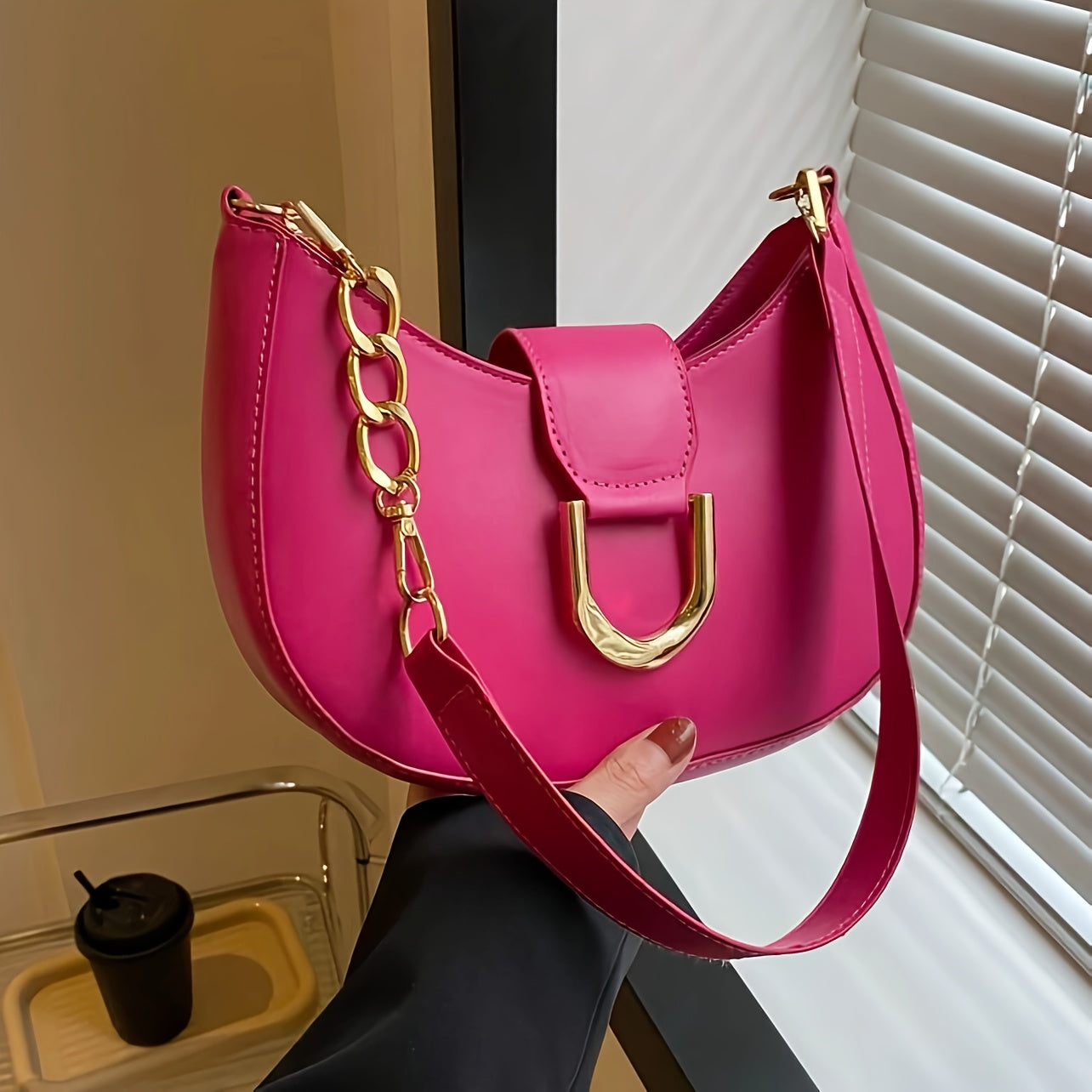 Women's Crescent Shoulder Bag with Gold Hardware Solid Color PU Crossbody Bag