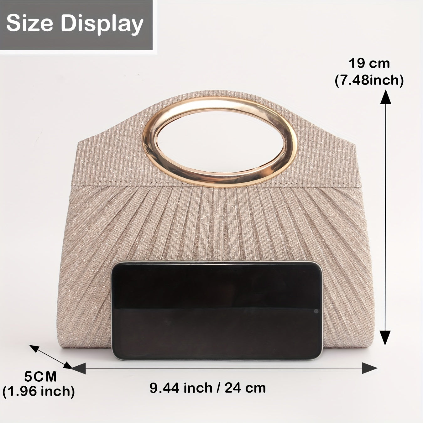 Glitter Clutch Bag with Metal Ring Handle and Removable Crossbody Strap for Weddings and Parties