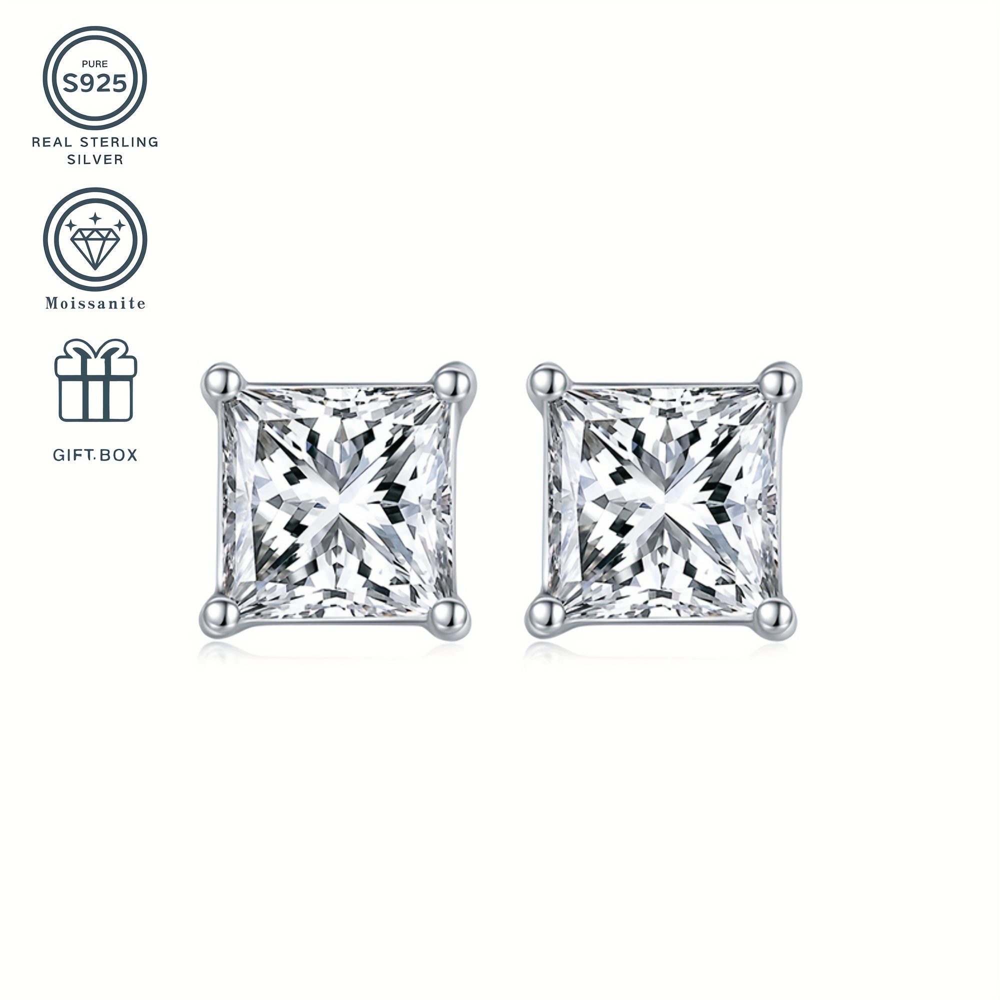 Sterling Silver Moissanite Jewelry Set Square Pendant Stud Earrings Wedding Birthday Gift