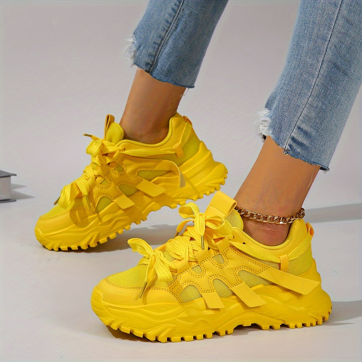 Ladies Casual Chunky Sneakers Bright Yellow Wide Lace-Up Athletic Shoes