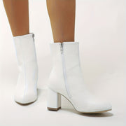 Women's Winter Boots Leather Chunky Heel Side Zipper Plush Lining