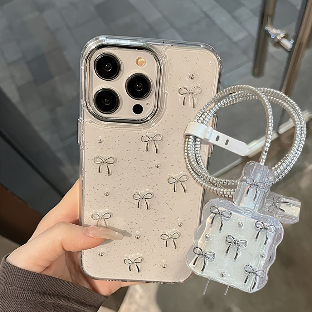 Luxury Bowknot Epoxy Phone Case and Charger Cover for iPhone 11-16 Pro Max Soft Back