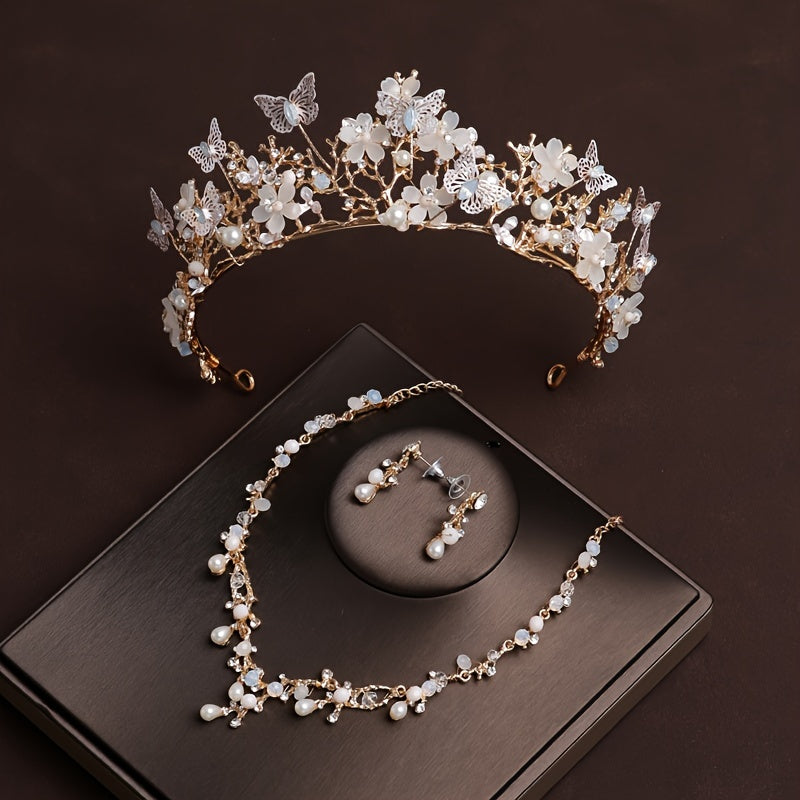 Set of 3 Bridal Jewelry Pieces Rhinestone Butterfly Tiara Faux Pearl Floral Headband Necklace Earrings