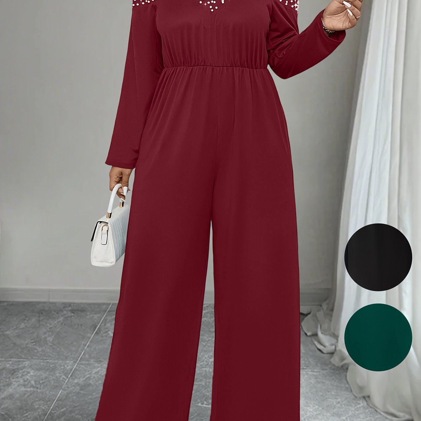 Plus Size Solid Cold Shoulder Jumpsuit Beaded Cinched Waist Women