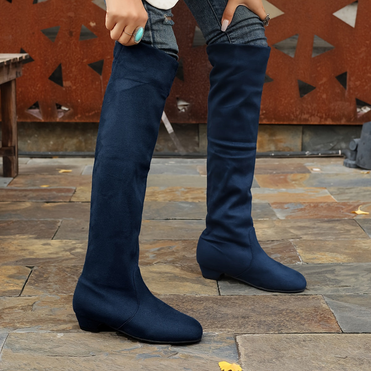 Women's Leather Low-Heeled High-Top Boots Large Sizes