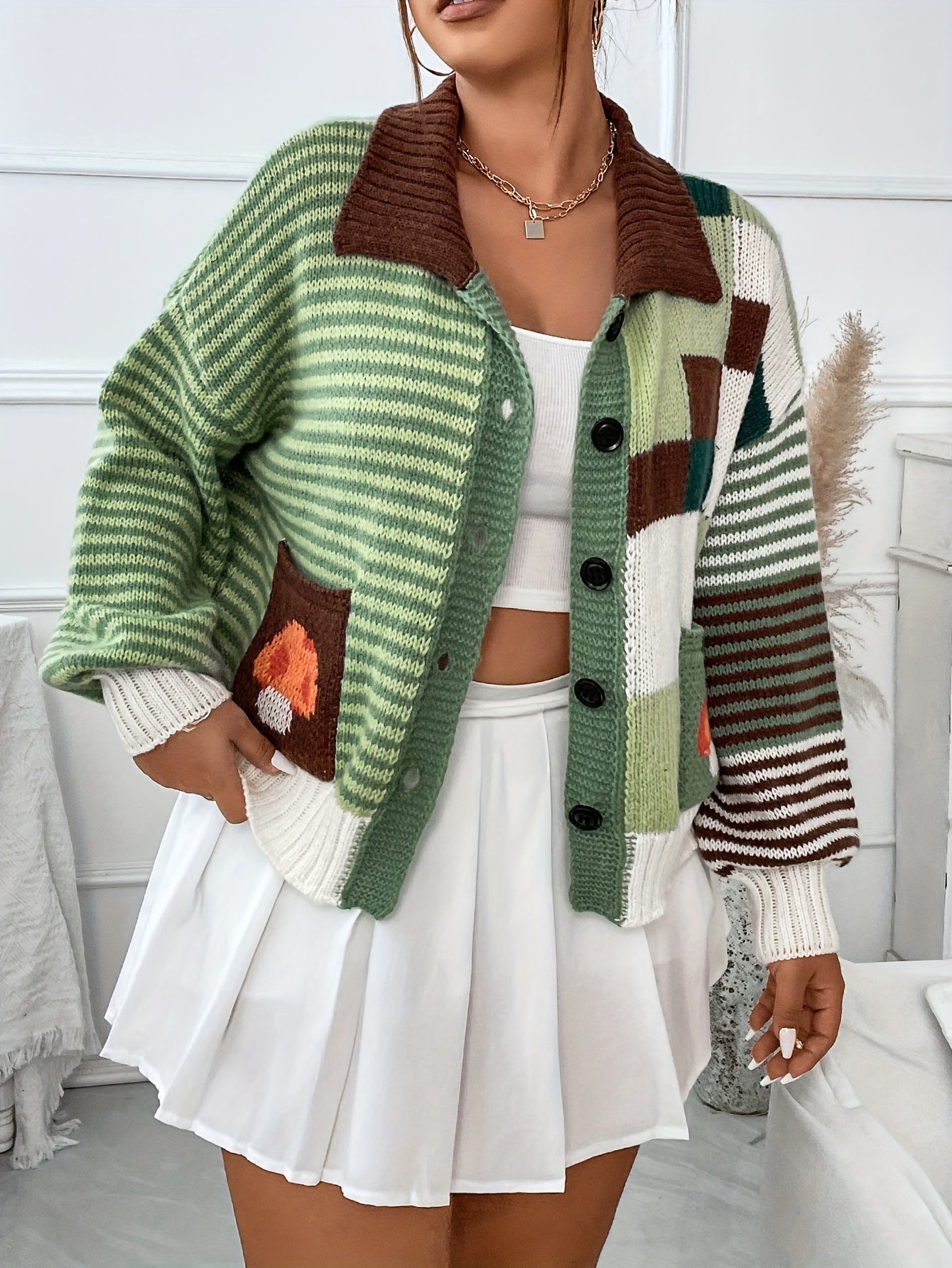 Women's Patchwork Striped Cardigan Polyester Knit Fabric Fall Winter Coat